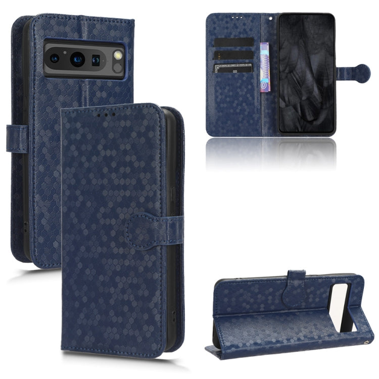 Blue honeycomb dot leather phone case with folio wallet, card slots