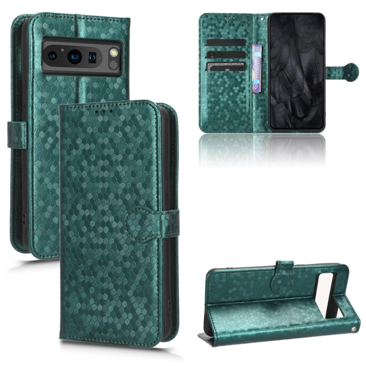 Green honeycomb dot leather phone case with folio wallet, card slots