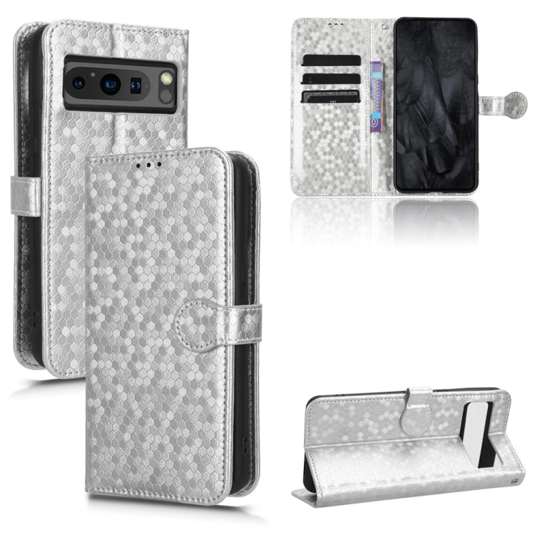 Silver honeycomb dot leather phone case with folio wallet, card slots