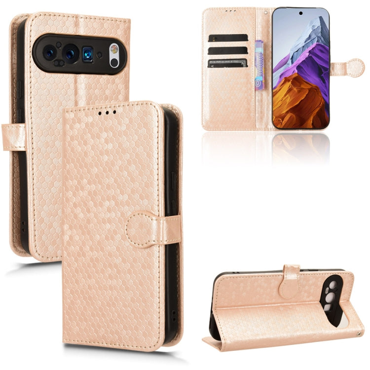 Gold honeycomb dot leather folio phone case with card slots and stand