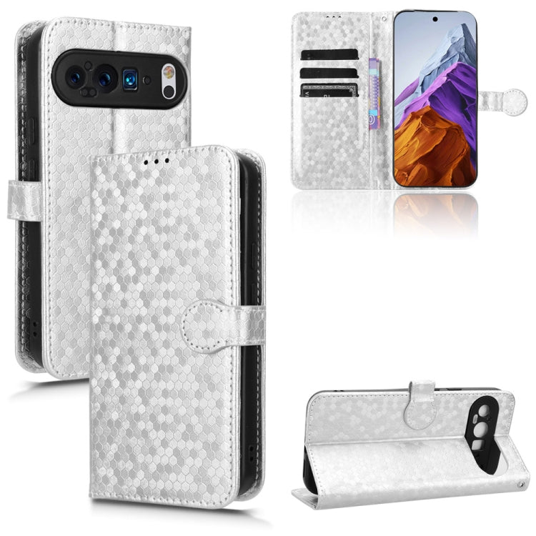 Silver honeycomb dot leather folio phone case with card slots and stand