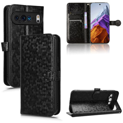 Black honeycomb dot leather folio phone case with card slots and stand