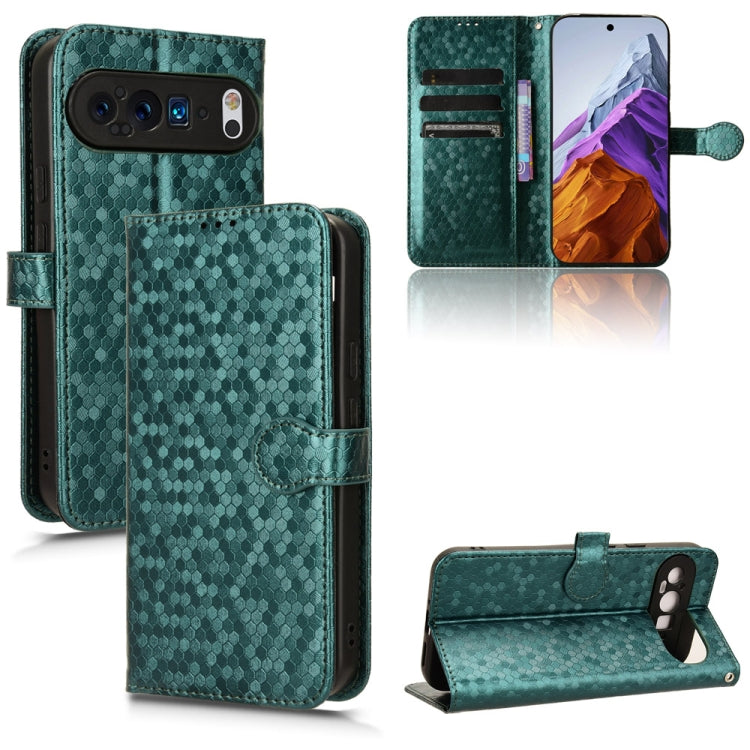 Green honeycomb dot leather folio phone case with card slots and stand