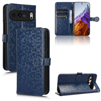 Blue honeycomb dot leather folio phone case with card slots and stand