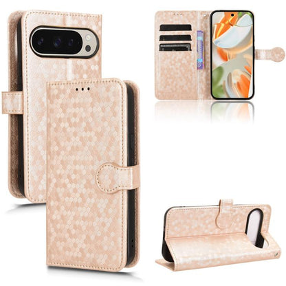 Gold honeycomb dot leather folio phone case with card slots and magnetic strap