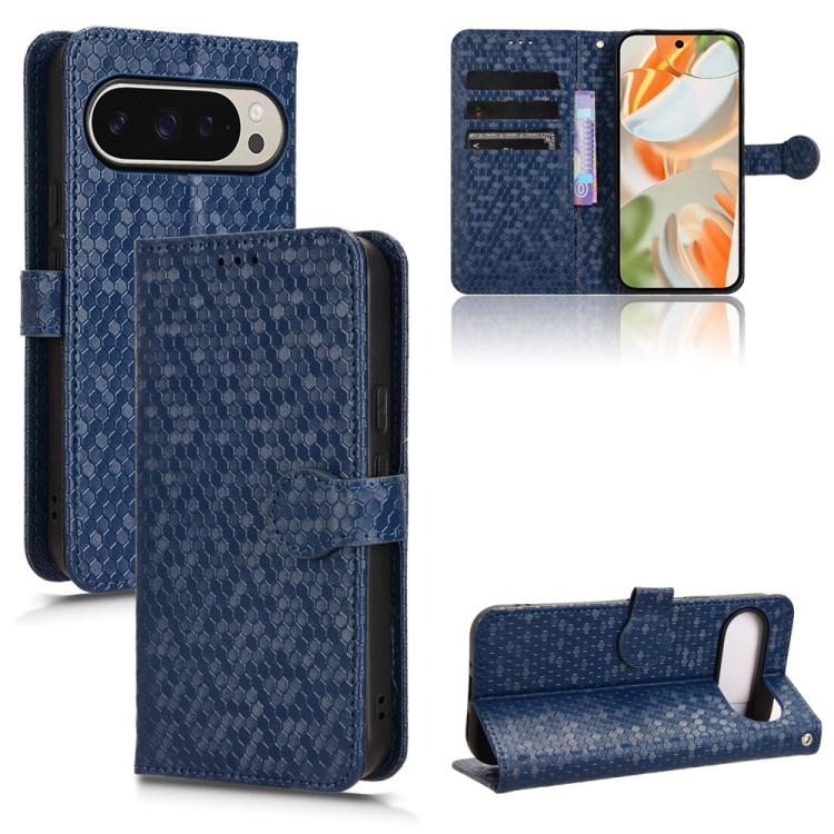 Blue honeycomb dot leather folio case with kickstand and magnetic closure