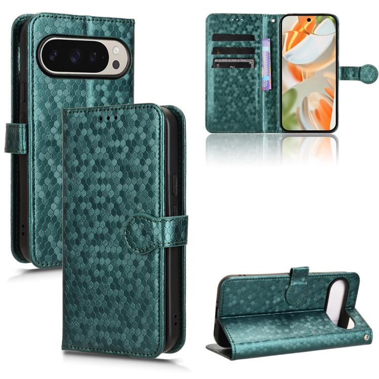 Teal green honeycomb dot leather folio phone case with card slots and strap