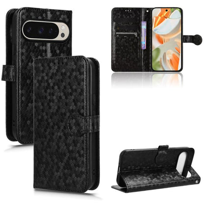 Honeycomb dot leather phone case wallet with card slots and kickstand, black