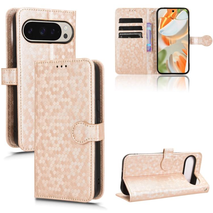 Honeycomb dot leather phone case wallet with card slots and kickstand, beige