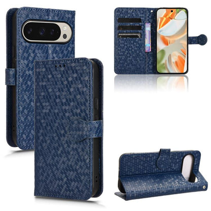 Honeycomb dot leather phone case wallet with card slots and kickstand, navy blue