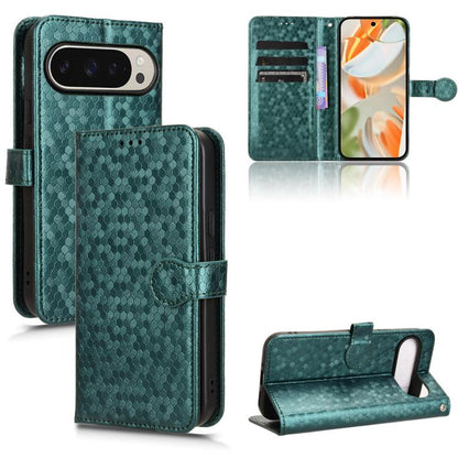 Honeycomb dot leather phone case wallet with card slots and kickstand, teal green
