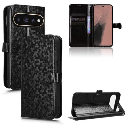 Black honeycomb dot leather folio case with magnetic strap and card slots