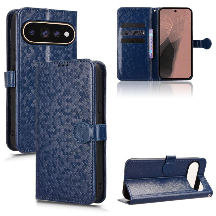 Blue honeycomb dot leather folio case with magnetic strap and card holder