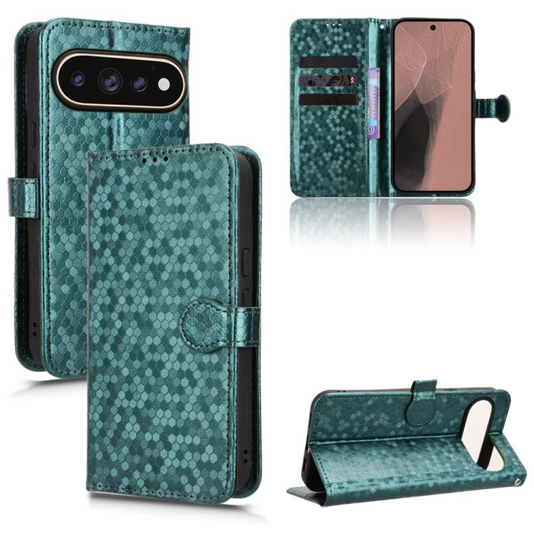 Teal green honeycomb dot leather folio phone case with magnetic strap and kickstand