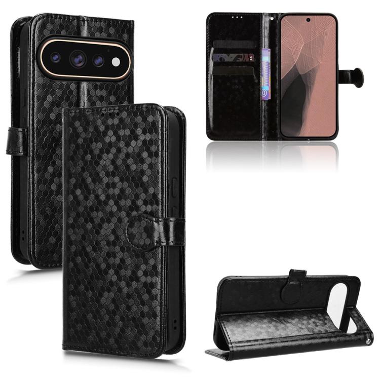 Black leather wallet phone case with honeycomb dot texture, folio stand and card slots.