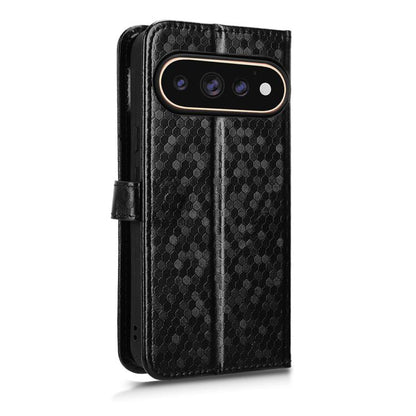 Black honeycomb dot leather phone case with front camera cutout and side flip strap.