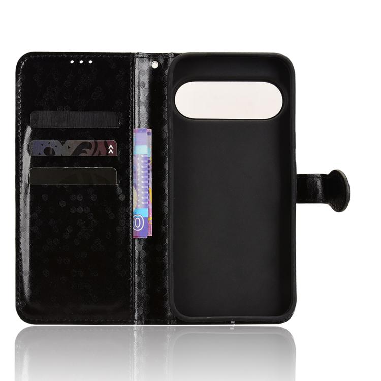 Black leather wallet phone case with honeycomb dot texture, card slots, and stand cover.
