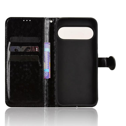 Black leather wallet phone case with honeycomb dot texture, card slots, and stand cover.