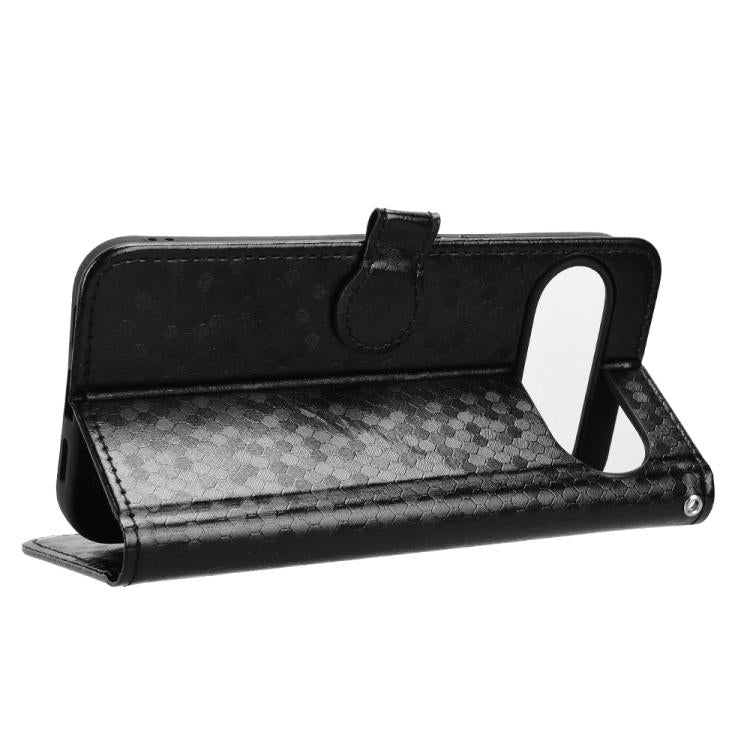 Black honeycomb dot leather phone case folio with kickstand and magnetic closure tab.