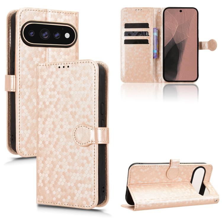 Gold leather wallet phone case with honeycomb dot texture, flip cover, and card slots.