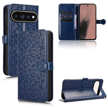 Blue leather wallet phone case with honeycomb dot texture, flip cover, and kickstand.