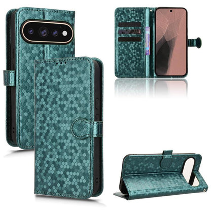 Green leather wallet phone case with honeycomb dot texture, card holder, and stand.