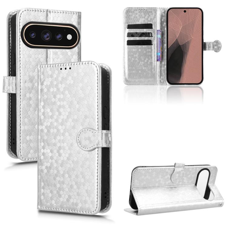 Silver leather wallet phone case with honeycomb dot texture, flip cover, and card slots.