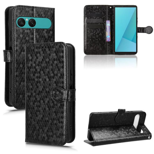 Black leather phone case with honeycomb dot texture, flip cover and teal window strip