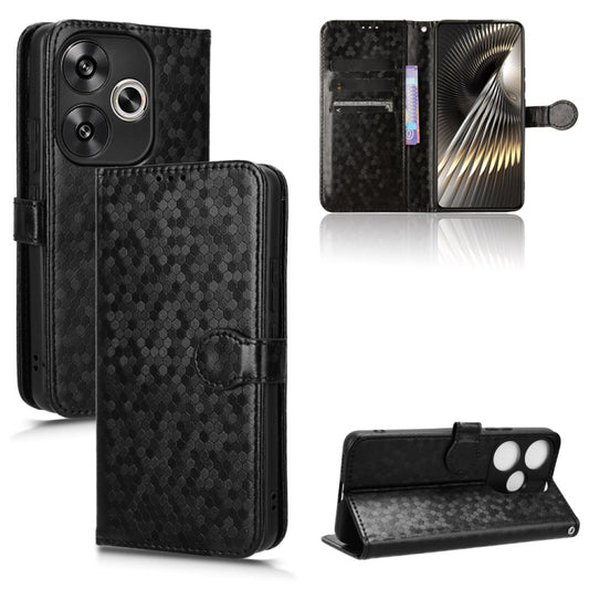Black honeycomb-dot leather folio phone case with magnetic strap and camera cutout.