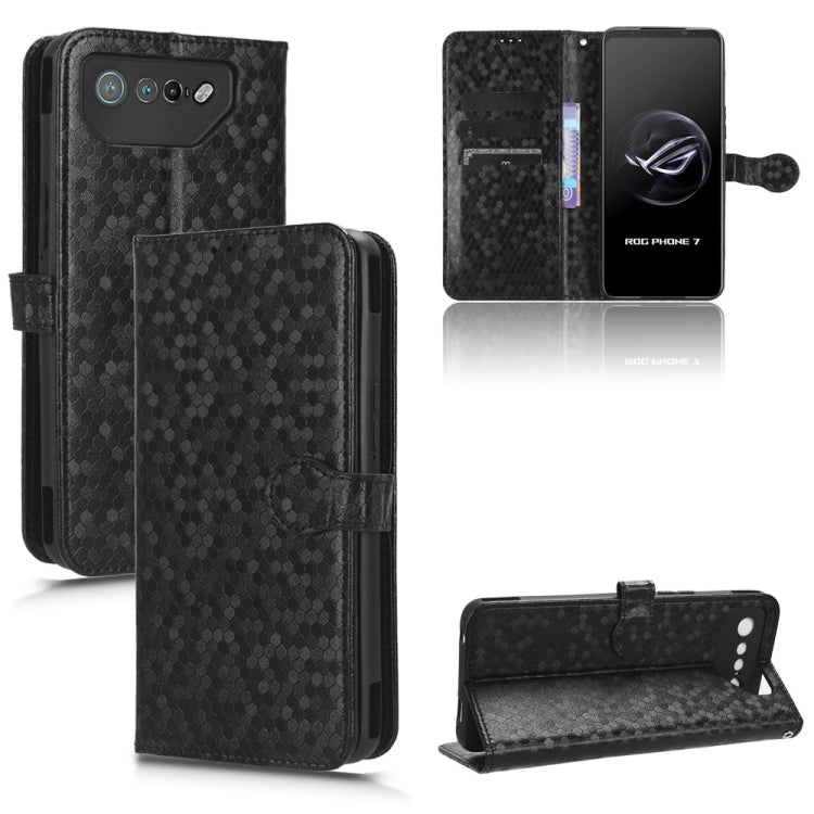 Black honeycomb-dot leather folio phone case with magnetic flap and card slots