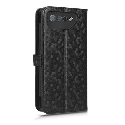 Black honeycomb-dot leather phone case with kickstand-style flip cover