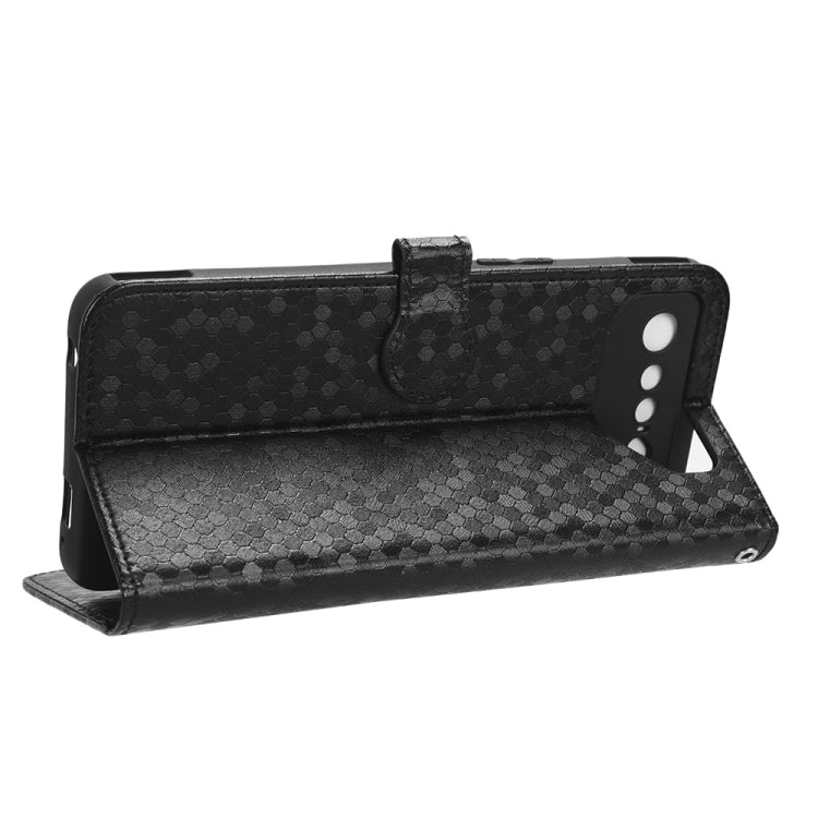 Black honeycomb-dot leather folio phone case, front flip cover on stand
