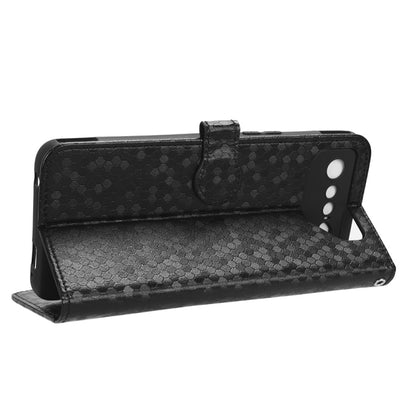 Black honeycomb-dot leather folio phone case, front flip cover on stand