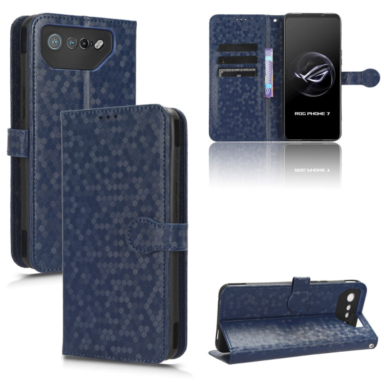 Blue honeycomb-dot leather wallet phone case with flip cover and card slots