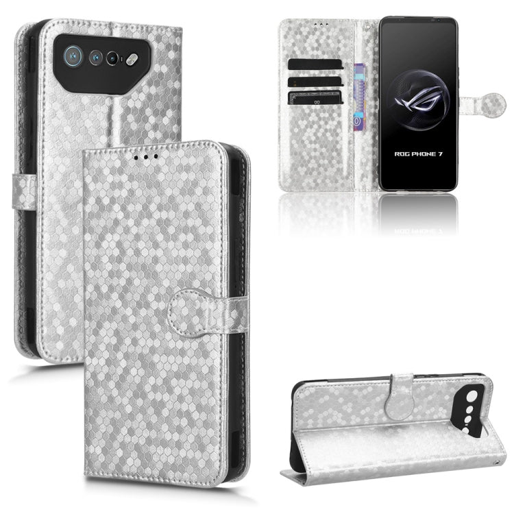 Silver honeycomb-dot leather folio phone case with magnetic flap and card slots