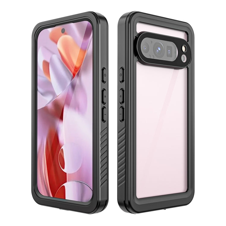 Clear front and back phone case with black shockproof frame and dual side seams