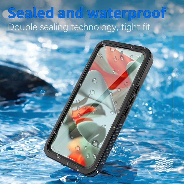 Sealed waterproof phone case with clear screen and black bumper around edges