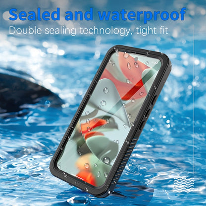 Sealed waterproof phone case with clear screen and black bumper around edges