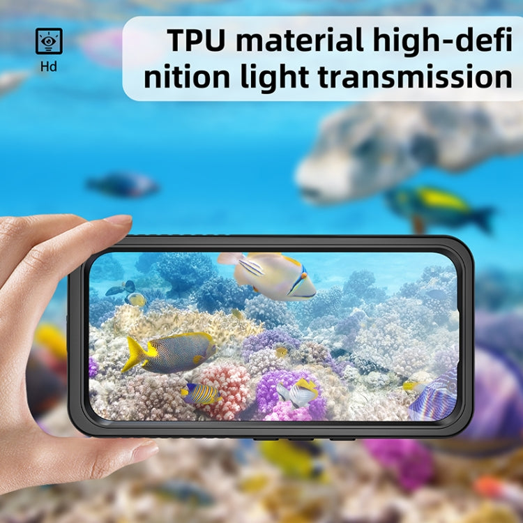Water-friendly rugged phone case with clear screen window and black protective bezel