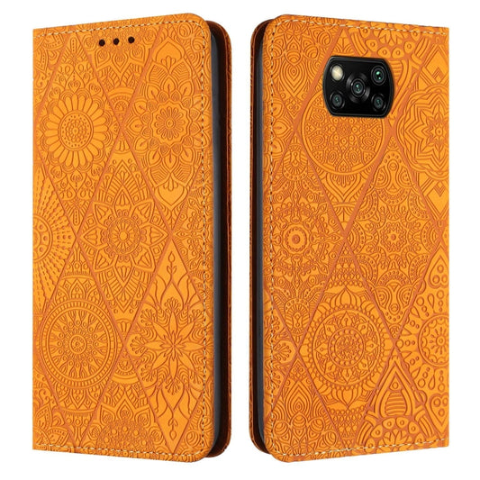 Embossed leather-style phone wallet case, orange with detailed floral geometric pattern.