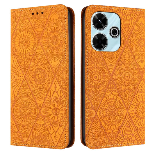 Orange ethnic embossed leather phone case with dual camera cutout and side button access