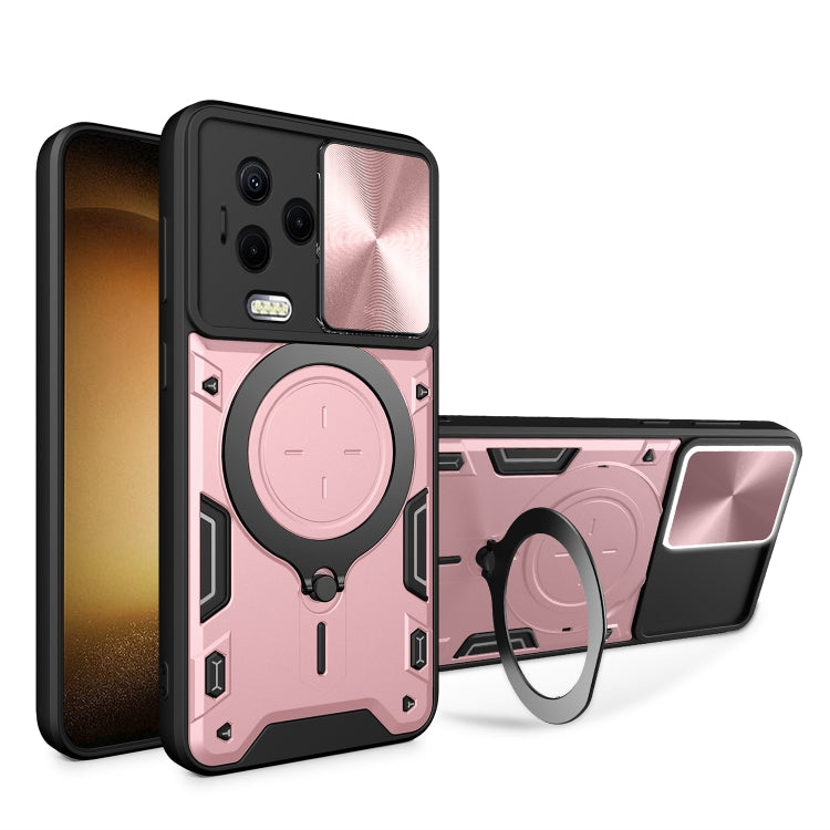 Pink phone case with sliding camshield and round magnetic stand, shockproof corners