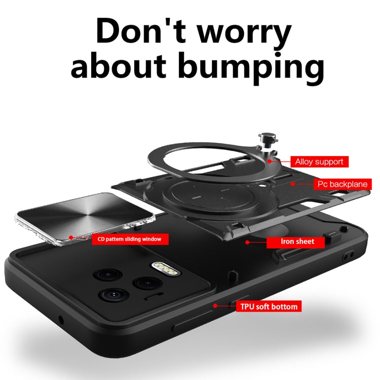 Black phone case with sliding cover and round magnetic stand, reinforced protection