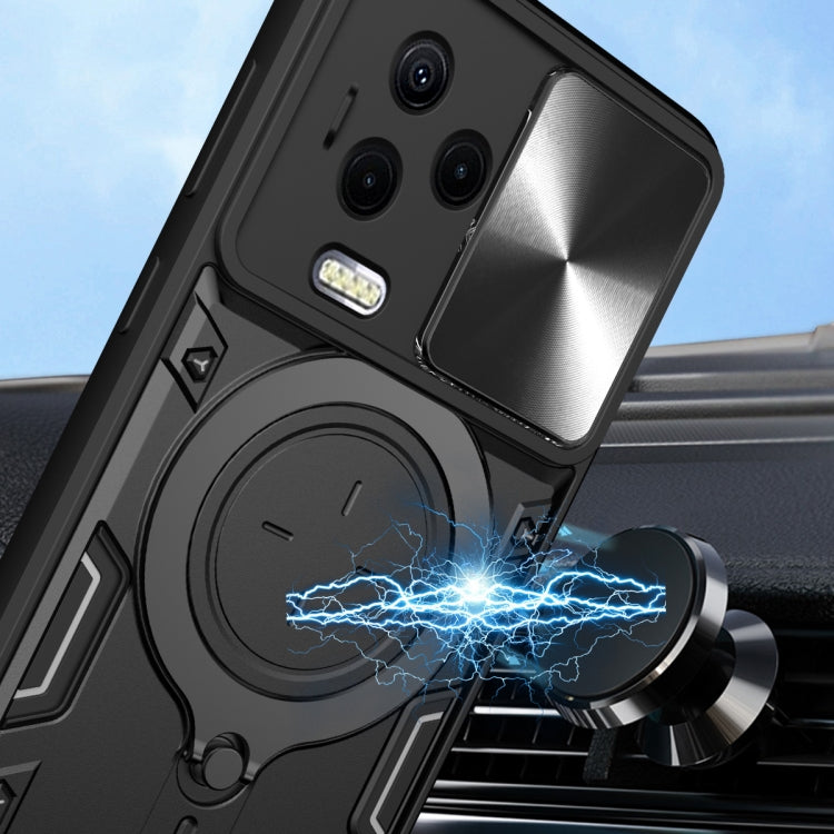 Black phone case with metallic back panel and round magnetic stand, car-ready