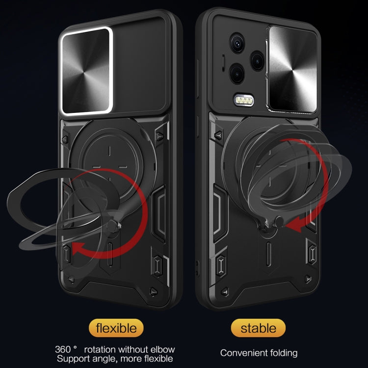 Black phone case with sliding cover and rotating magnetic stand, flexible TPU base
