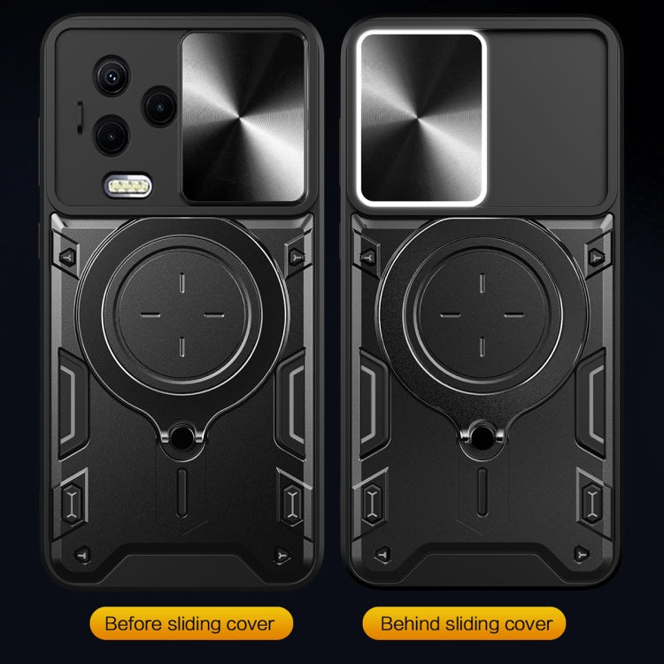 Black phone case with sliding cover and round magnetic stand, front and back fit