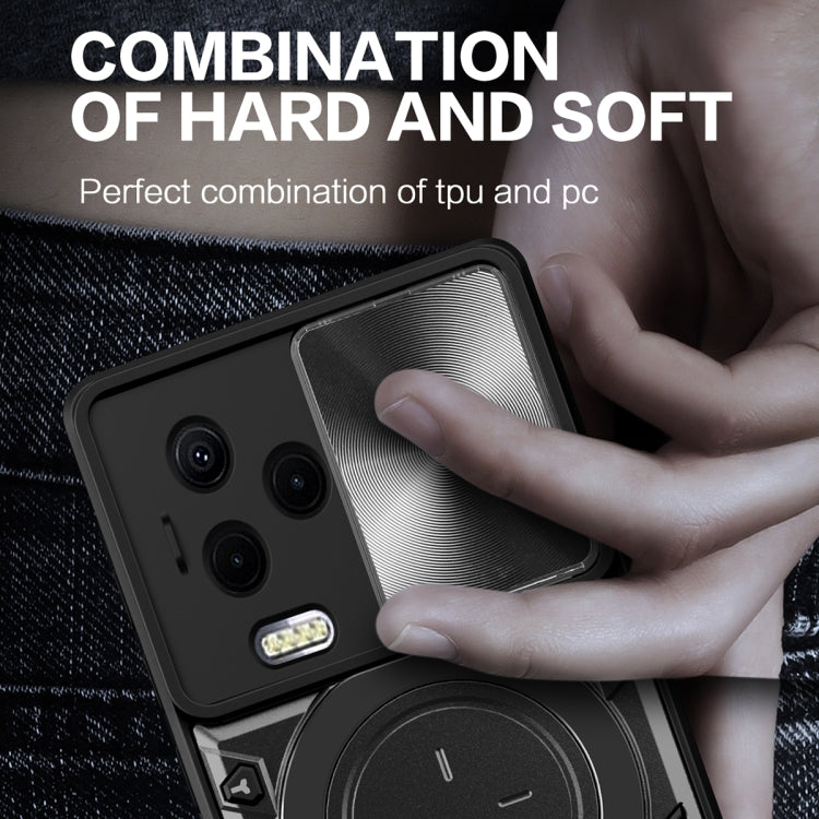 Black phone case with textured back panel and sliding camshield, magnetic stand mount