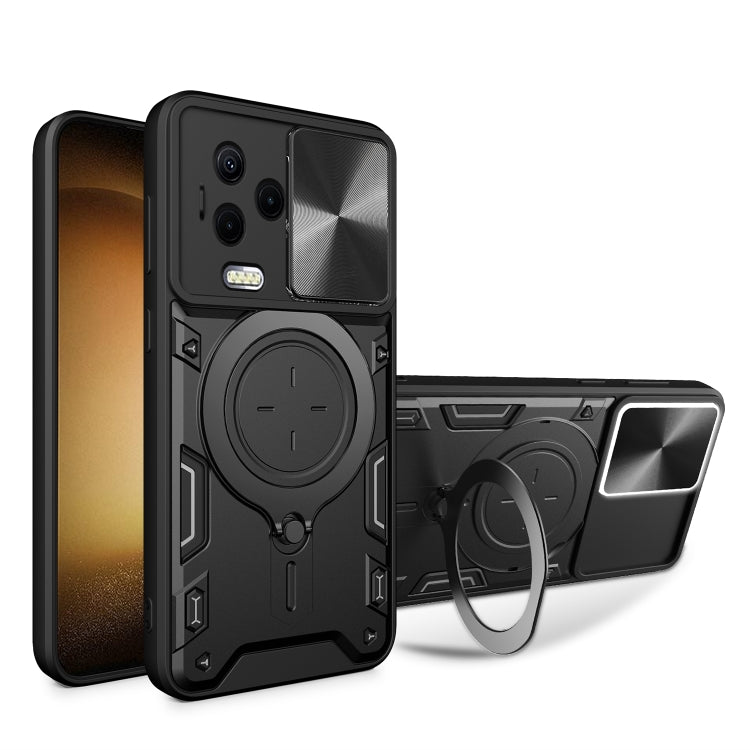 Black phone case with sliding camshield and round magnetic stand, dual-layer protection