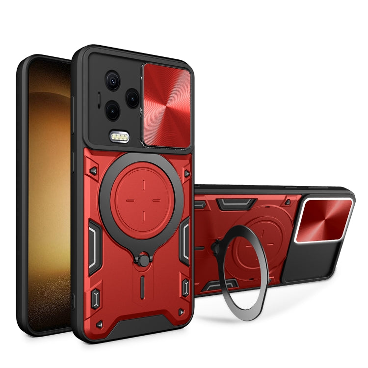 Red phone case with sliding camshield and round magnetic stand, reinforced corners