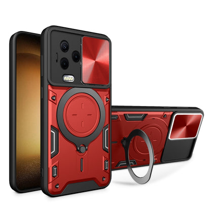 Red phone case with sliding camshield and round magnetic stand, reinforced corners